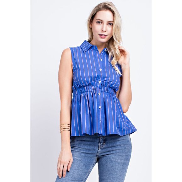 Sleeveless Button Front Collared Casual Striped Peplum Blouse Top - Picture 3 of 11